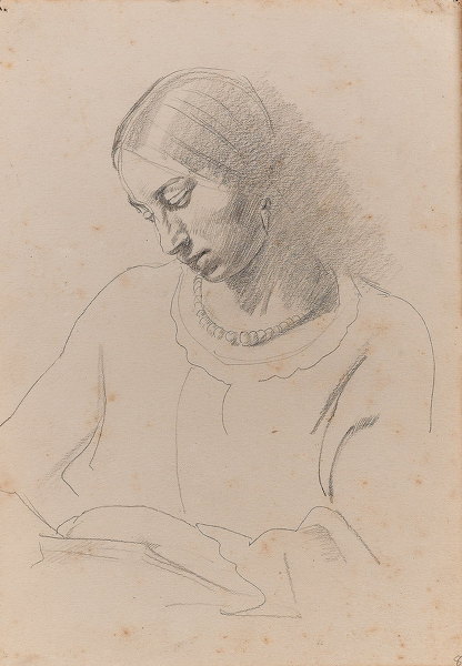 Artist Arnold Mason: Portrait of Winifred Knights wearing a coral necklace, reading, circa 1921