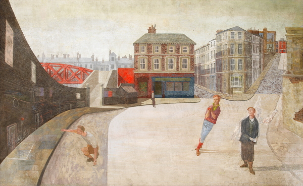 Artist Reginald Brill (1902 - 1974): Boys playing cricket in an urban setting