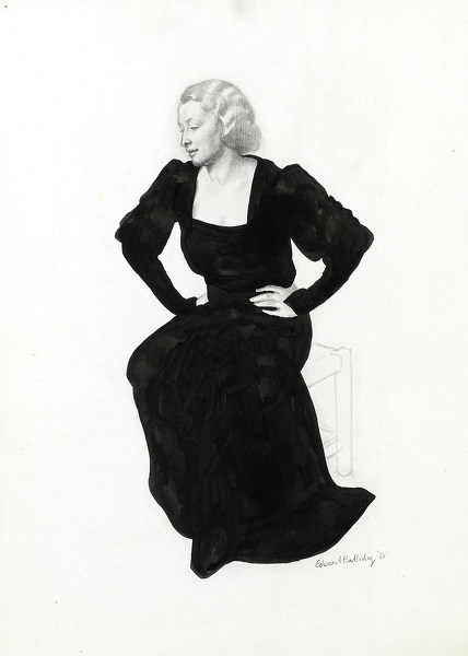 Edward-Irvine-Halliday: Portrait-of-a-woman-seated,-three-quarter-view,-black-evening-dress,-1935