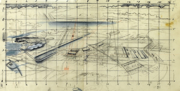 Artist Alan Sorrell: Study for An Aerial View of a Wartime Airfield, circa 1942