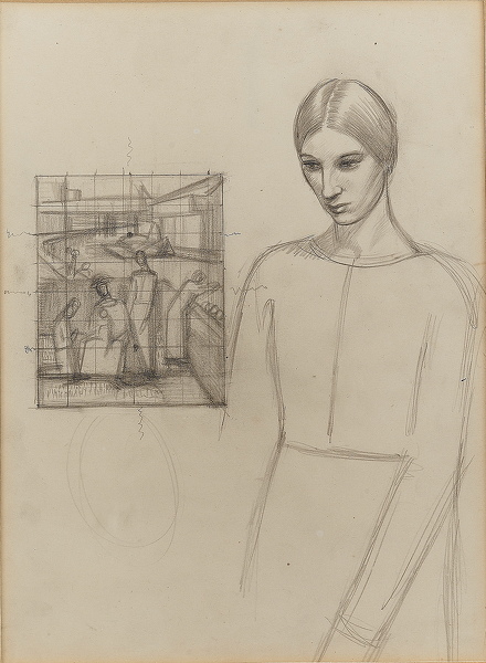 Artist Winifred Knights: Self-portrait with Compositional Design, circa 1919