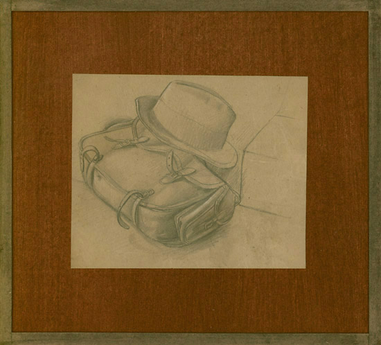 Artist Stanley Lewis: Study for Hyde Park: the Artists Painting satchel and hat