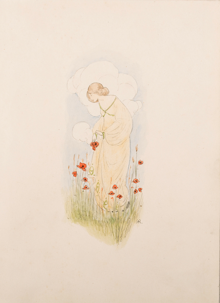 Artist Winifred Knights (1899-1947): Illustration of female figure, picking flowers, c. 1914