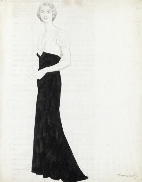 Edward-Irvine-Halliday: Full-length-portrait-of-a-woman-standing,-three-quarter-view,-black-evening-dress,-circa-1935