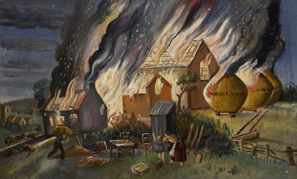 Artist Stanley Lewis: Farmstead on fire,near Llwyn-on , early 1920s