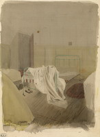 Artist Robert Austin: Attic Room, Lingard House, with unmade bed, 1930s