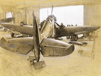 Artist Robert Austin: Spitfire in Hangar, 1940