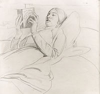 Artist Colin Gill: Portrait of Winifred Knights reading, circa 1921