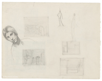Artist Winifred Knights: Sheet of studies with self-portrait for Design for Wall Decoration